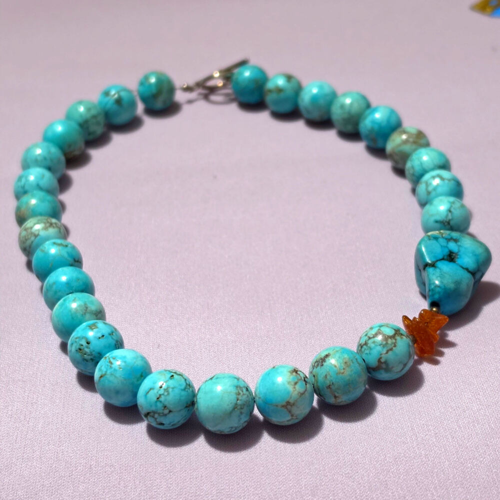 Vintage Chunky Turquoise & Amber Nugget Statement Necklace 925 Sterling Toggle